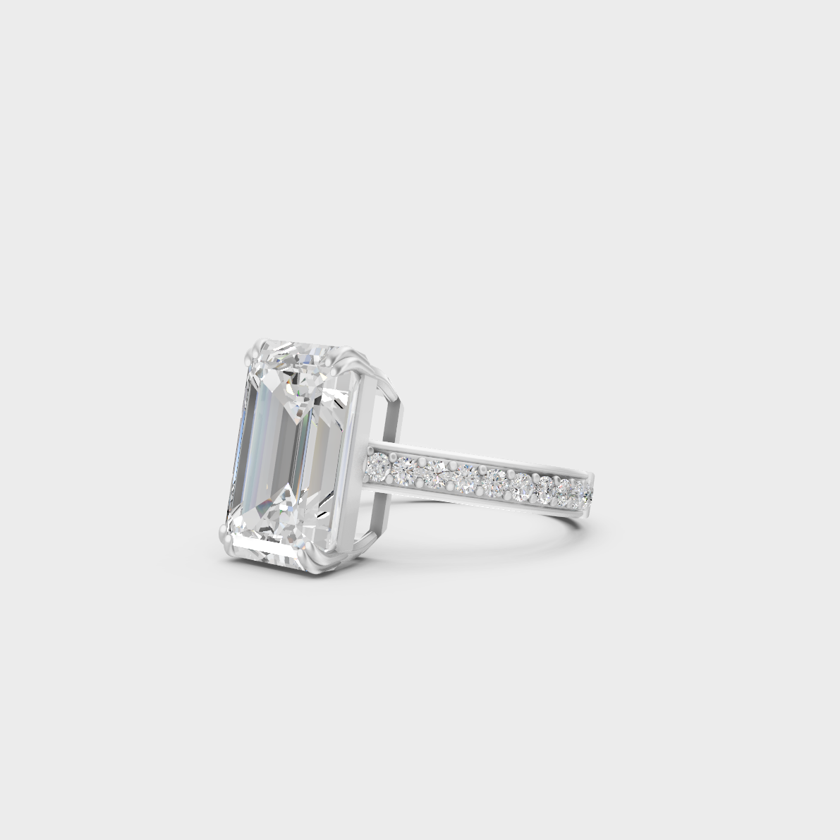 Certified 6 Carat Emerald and Round-Cut Lab-Grown Diamond Solitaire with Accents Ring in 18K White Gold.